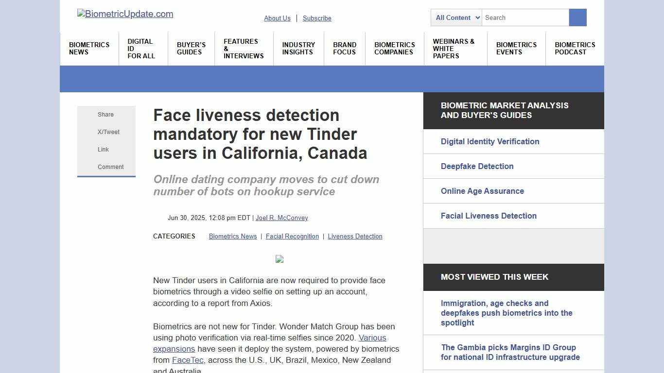 Face liveness detection mandatory for new Tinder users in California, Canada Biometric Update